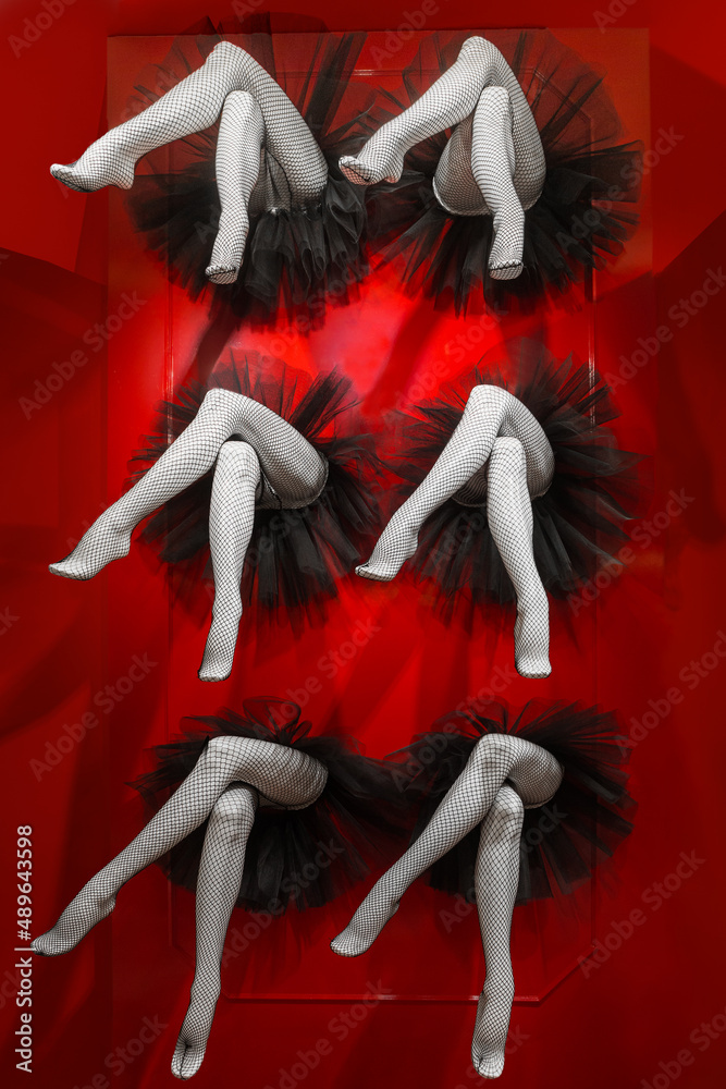 Composition completed by legs of female cabaret dancers dressed in black pantyhose - obrazy, fototapety, plakaty 