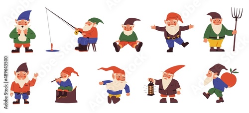 Cute gnomes. Cartoon fairy tale dwarves in different clothes with beards and hoods. Senior fabulous characters fishing or working in garden. Midgets poses. Vector kids illustration set