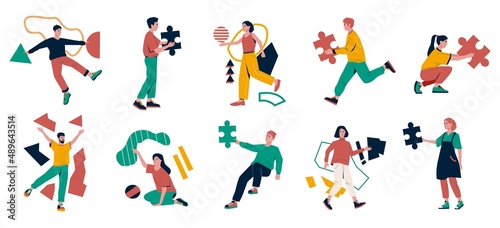 People with puzzle elements. Men or women holding geometric pieces. Characters thinking or solving jigsaw. Persons set brainstorming and looking for decision. Vector finding solution