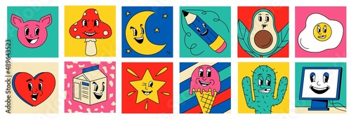 Retro cartoon characters. Abstract doodle stickers with 30s 40s 50s clipart faces. Square banners. Plants and food. Love heart, star and pencil. Computer monitor. Vector psychedelic set