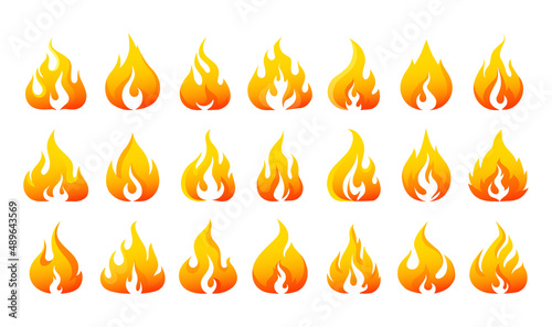 Fire logo. Colorful red and orange burning flame. Hot temperature and flammable warning. Blaze elements. Ignition and combustion. Bonfire or wildfire icons. Vector flaming signs set