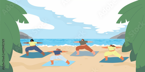 Young girls do yoga in nature. Group wellness classes on the beach. Women perform exercises. Sports tourism. Relaxing time by the sea. Cartoon vector flat illustration.