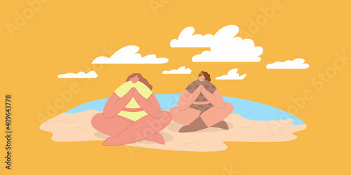 Young girls do yoga in nature. Group wellness classes on the beach. Women perform exercises. Sports tourism. Relaxing time by the sea. Cartoon vector flat illustration.
