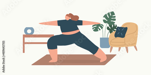 Young girl does yoga at home. Female wellness meditation classes. A woman performs gymnastics exercises. Relaxing time for yourself. Spiritual practice. Cartoon vector flat illustration.
