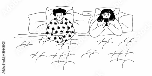 A cute male and female character can't sleep. A married couple suffers from insomnia. Vector illustration in the style of a doodle on an isolated white background.