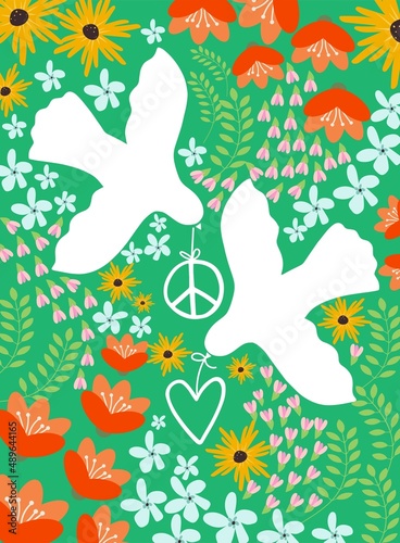 Vector image with dove of peace, peace signs on floral background