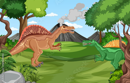 Dinosaur in prehistoric forest scene