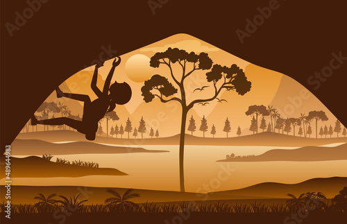 Flat silhouette rock climbing in nature background