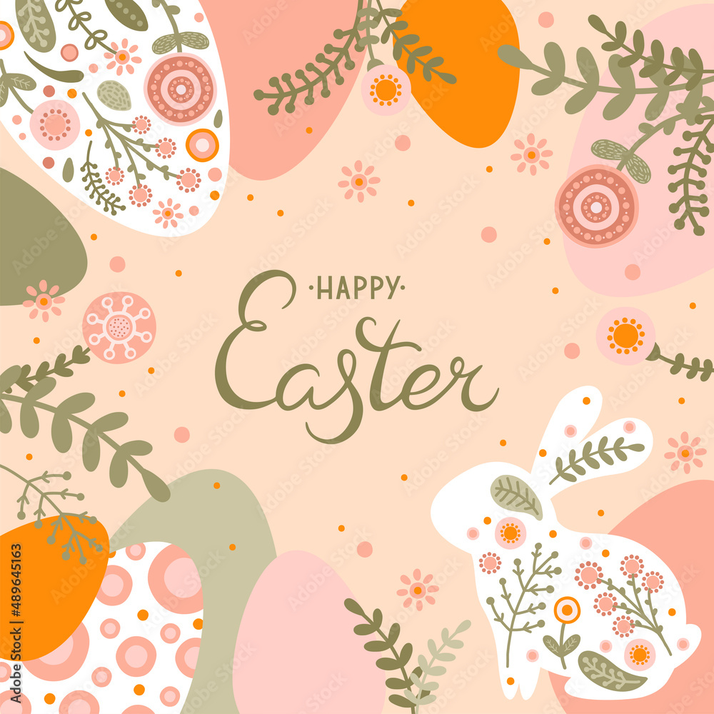 Template with silhouette Easter egg, rabbit and flowers in pastel colors. Illustration cute spring eggs and hare in flat style and space for your text. Vector