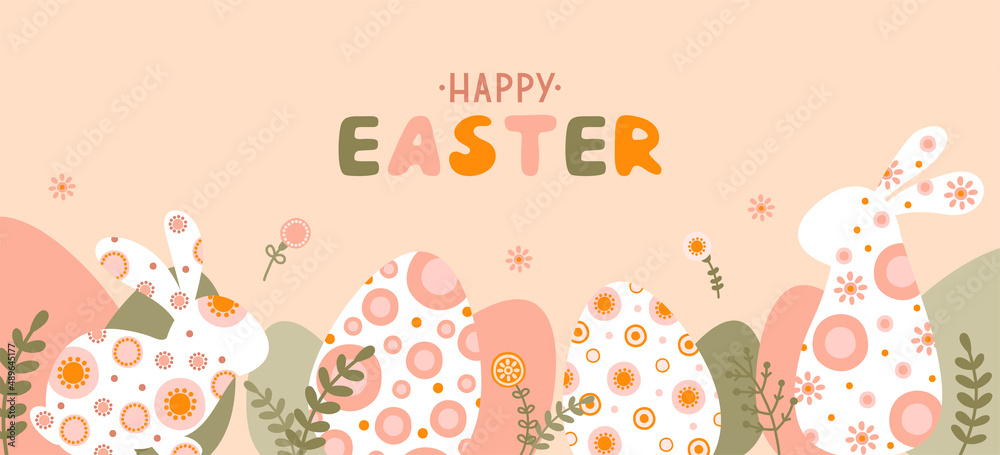 Template with silhouette Easter egg, rabbit, flowers and space for your text in flat style. Banner cute spring eggs and hare in pastel colors. Vector Illustration Template with silhouette Easter egg, rabbit, flowers and space for your text in flat style. Banner cute spring eggs and hare in pastel colors. Vector Illustration