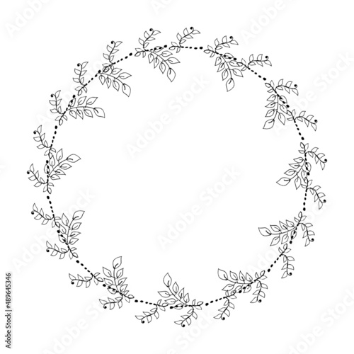 Simple Vector hand drawn spring wreath isolated on white background. Silhouette circle of leaves. Doodle style. Floral frame.