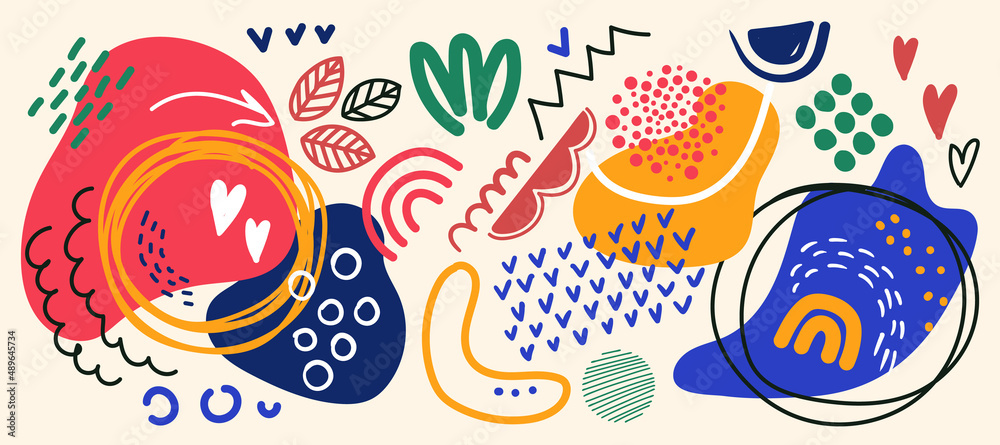 Naklejka premium Big set of hand drawn bright various shapes and doodle objects contemporary abstract elements. Rainbow, stamp texture, blot, lines, zigzags, dots pattern background
