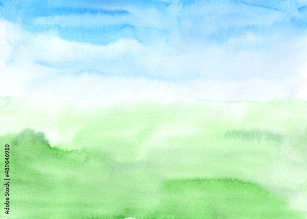 Watercolor drawing of a green meadow and a blue sky. Colorful illustration for postcards, banners and posters.