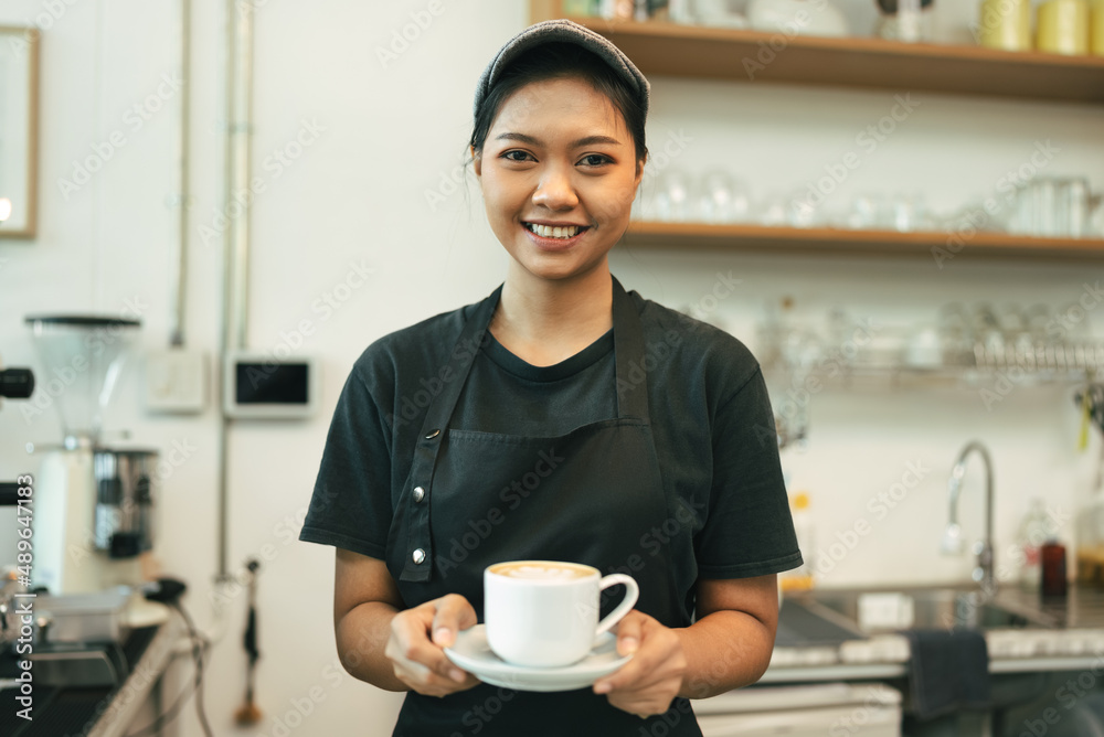 Portrait woman barista cafe coffee uniform apron make coffee Stock Photo |  Adobe Stock