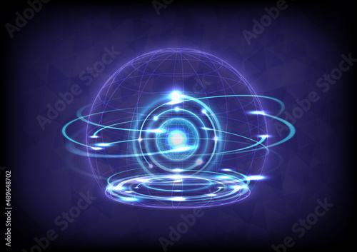 Vector large file. Abstract background. Portal and hologram science futuristic. Sci-fi digital hi-tech in glowing HUD circuit. Magic gate in game fantasy. Circle teleport podium. Sphere of safe guard