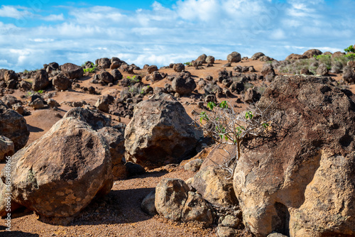 A rugged, dry, barren landscape of rocks and boulders on red dirt offer the look of a moonscape in the Garden of the Gods on the island of Lanai, Hawaii.