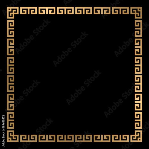 Greek key square frame isolated on black background. Elegant golden meander pattern. Vector Illustration.