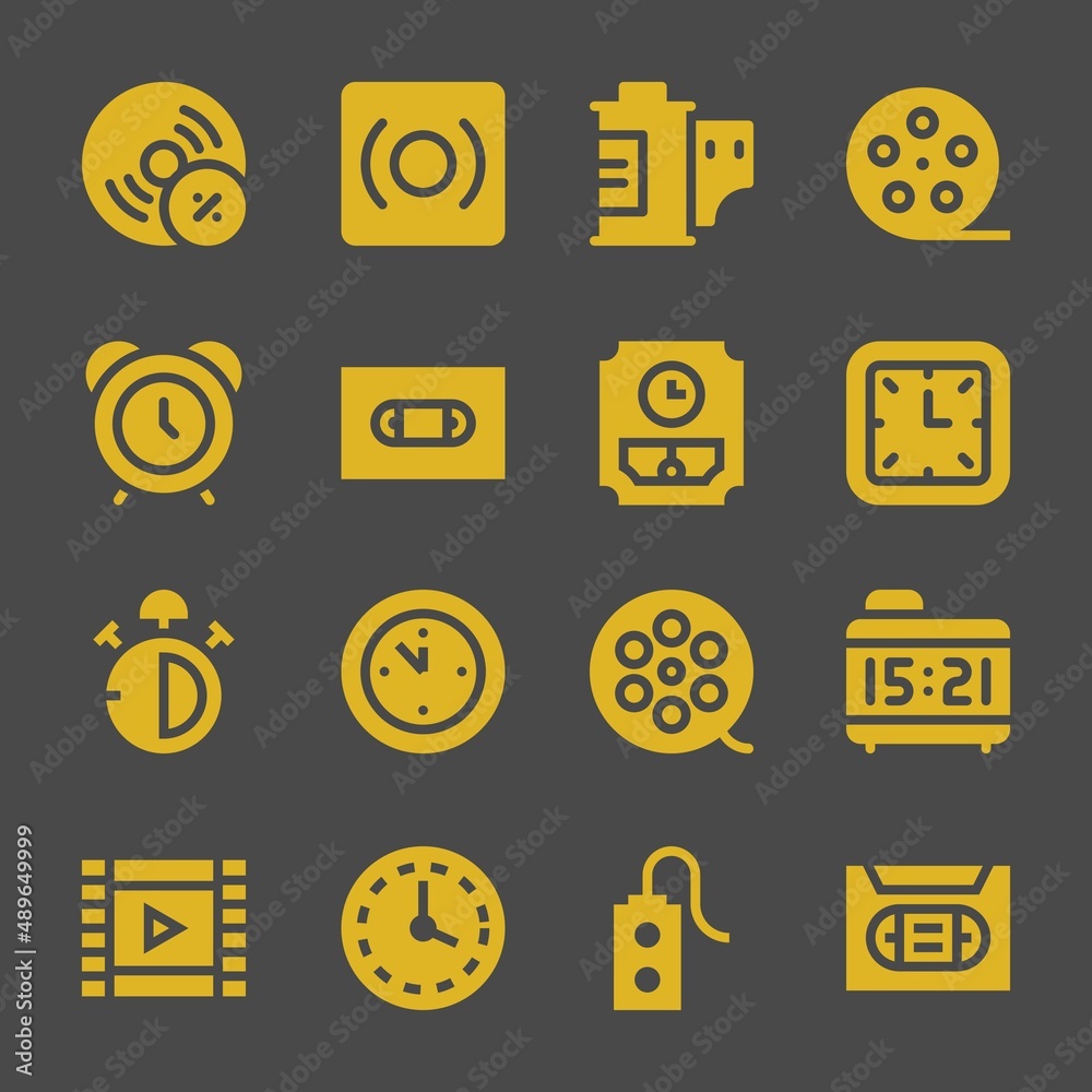analog web icons. Vynil and Record, Film roll and Wall clock symbol, vector signs
