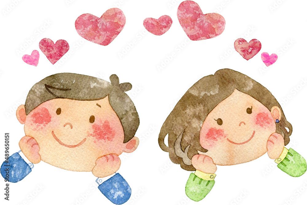 ワクワクしている若い男女のイラスト ハート付き Stock Illustration Adobe Stock