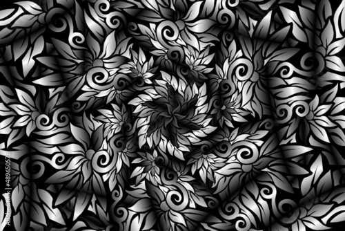 seamless Black and white caleidoscope gradient flower and leaf art pattern of indonesian culture traditional tenun batik ethnic dayak ornament for wallpaper ads background 