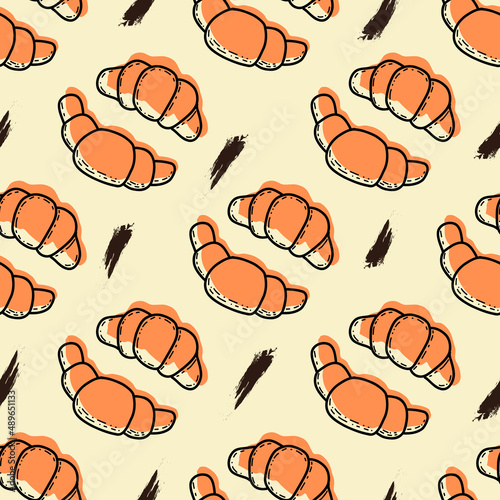 Seamless vector pattern with cute croissants in doodle style on yellow pastel background