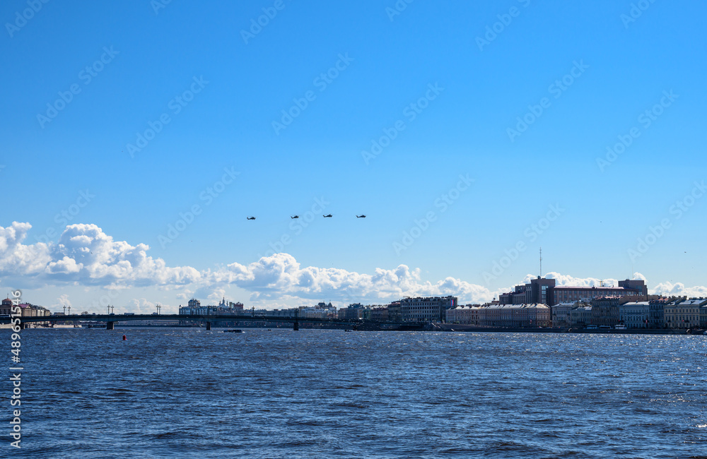 Victory Day. May 9. the flight of aircraft over the Neva. Saint Petersburg