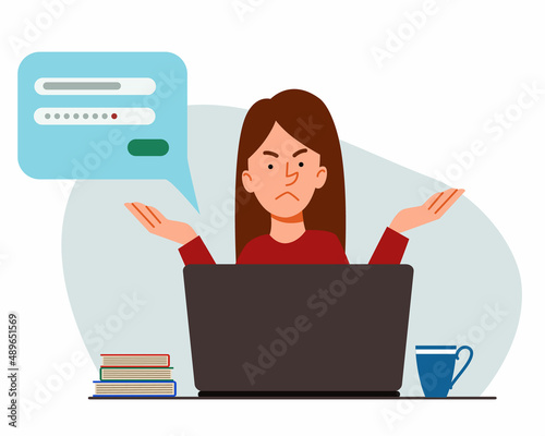The concept of a woman thinking behind a laptop. Forgot your password and account login for the web page. Flat vector illustration.