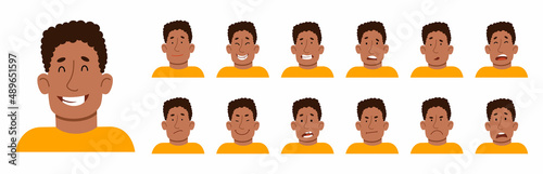 A set of different emotions of an African-American man. A handsome man with different facial expressions. Vector illustration in cartoon style