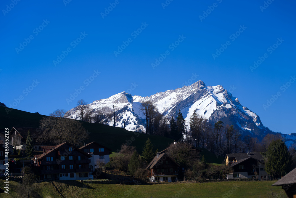 Fototapeta premium Local mountain Pilatus seen from village Stans, Canton Nidwalden, on a sunny winter day. Photo taken February 9th, 2022, Engelberg, Switzerland.