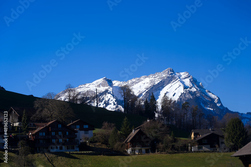 Local mountain Pilatus seen from village Stans, Canton Nidwalden, on a sunny winter day. Photo taken February 9th, 2022, Engelberg, Switzerland.