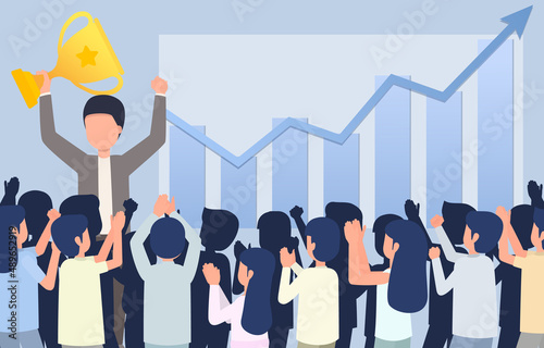 Business concept. The boss shows the trophy with joy. The company makes a profit. The employees applaud. Vector illustration EPS10.
