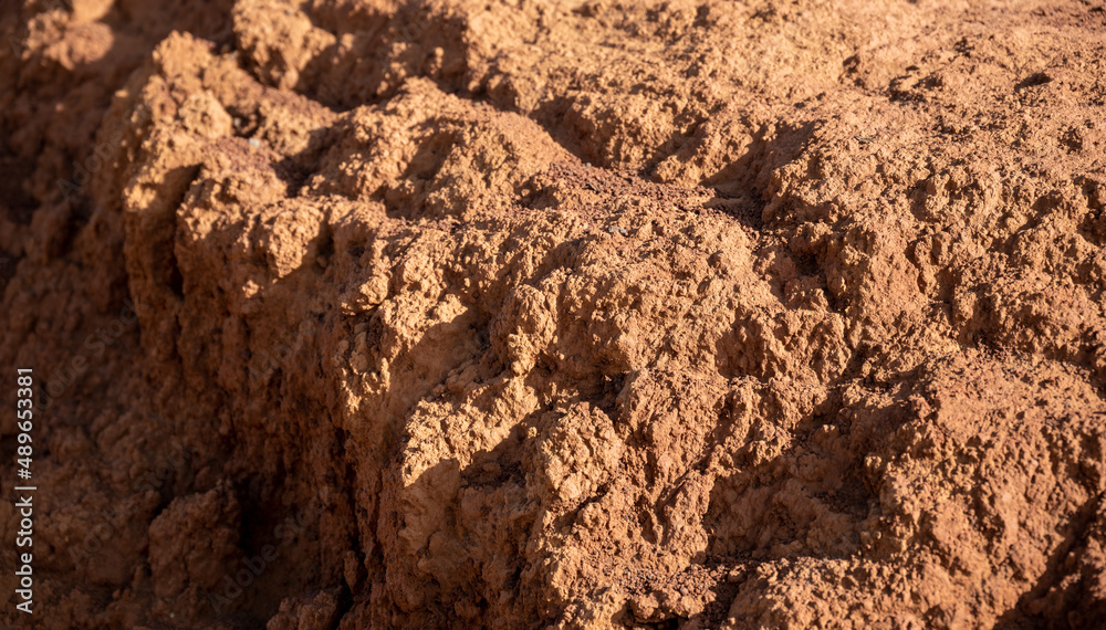 A closeup of packed red earth on Lanai, rugged texture highlighted in the sun, a textural and colorful background.
