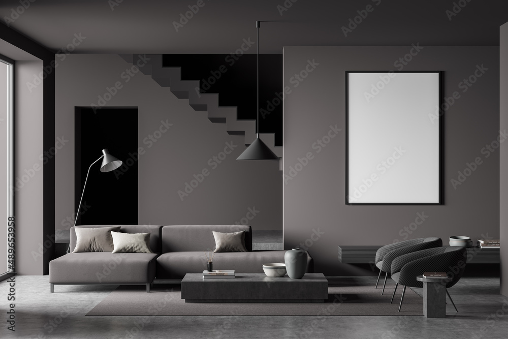 Dark living room interior with sofa, armchairs, coffee table Dark living room interior with sofa, armchairs, coffee table