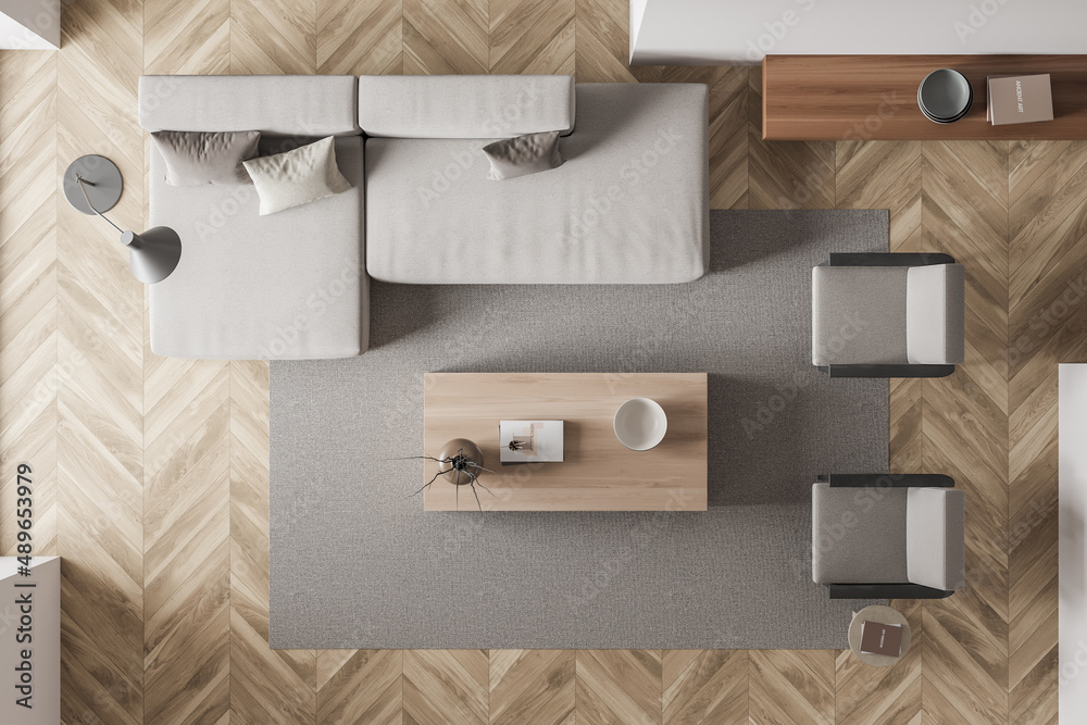 Top view on bright living room interior with sofa, armchair Stock