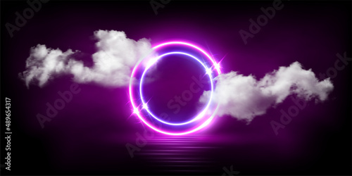 Neon circle frames with soft clouds and glow light effect, electric pink and blue rings