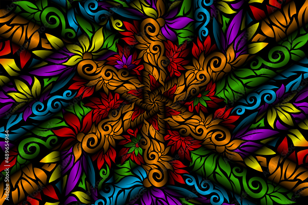 seamless colourful caleidoscope gradient flower and leaf art pattern of indonesian culture traditional tenun batik ethnic dayak ornament for wallpaper ads background seamless colourful caleidoscope gradient flower and leaf art pattern of indonesian culture traditional tenun batik ethnic dayak ornament for wallpaper ads background