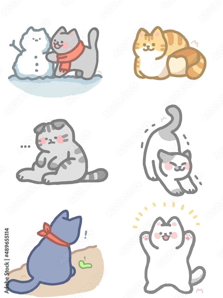 Cute Cat Various Behaviors Animal Drawing Collection, Cat Outline HandDrawn, Assorted Cat Vector Flat icons Watercolor, Cat illustrations icon Set.