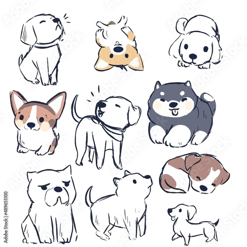 Cute Dog Various Behaviors Animal Drawing Collection, Dog Outline HandDrawn, Assorted Dog Vector Flat icons Watercolor, Dog illustrations icon Set.