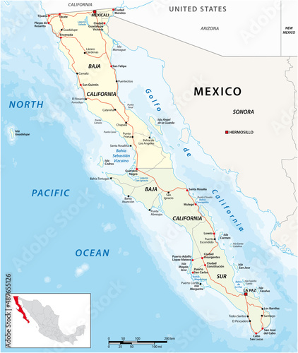 Vector road map of the mexican states of Baja California and Baja California South photo