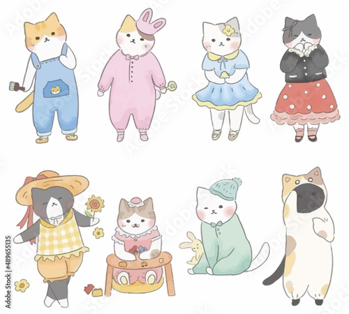 Cute Cat Various Behaviors Animal Drawing Collection, Cat Outline HandDrawn, Assorted Cat Vector Flat icons Watercolor, Cat illustrations icon Set.
