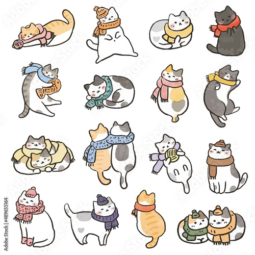 Cute Cat Various Behaviors Animal Drawing Collection, Cat Outline HandDrawn, Assorted Cat Vector Flat icons Watercolor, Cat illustrations icon Set.