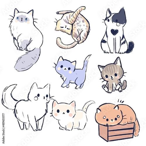 Cute Cat Various Behaviors Animal Drawing Collection, Cat Outline HandDrawn, Assorted Cat Vector Flat icons Watercolor, Cat illustrations icon Set.