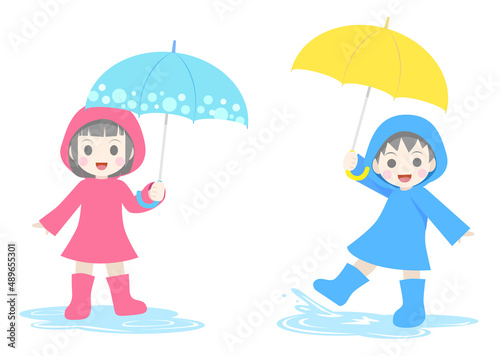 傘をさす男の子と女の子のイラストセット