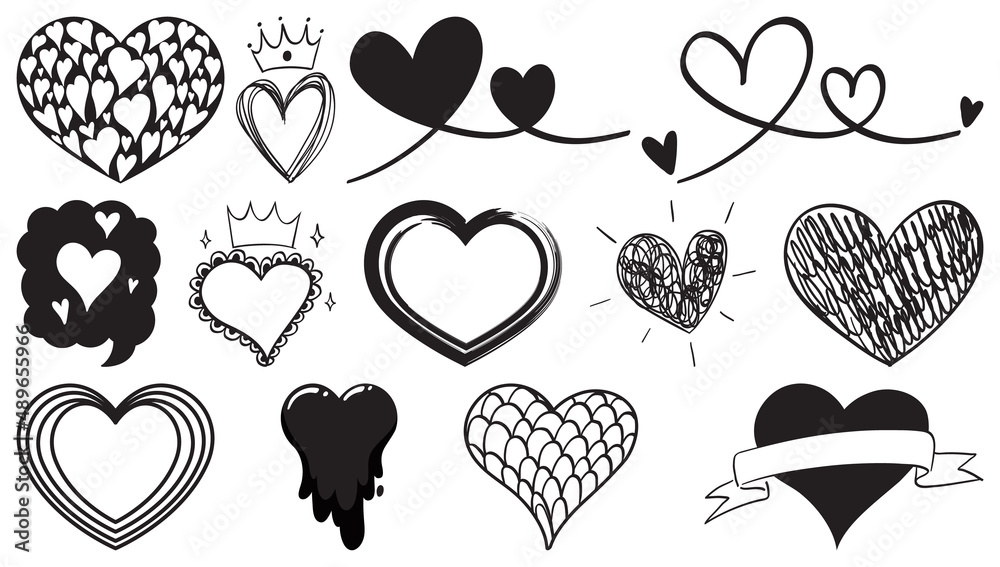 Fototapeta premium Black hand drawn hearts set