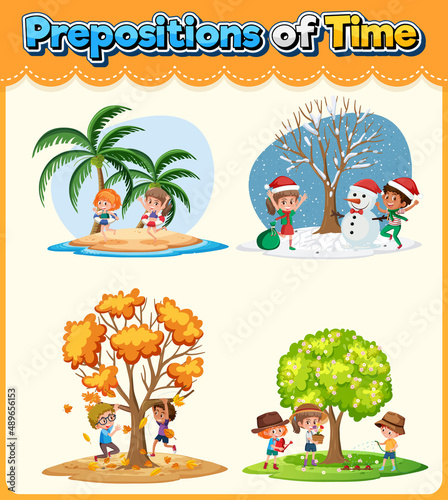 Prepostion wordcard design with four seasons