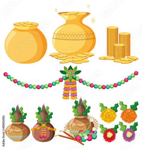 Set of Indian offerings with gold and coconut