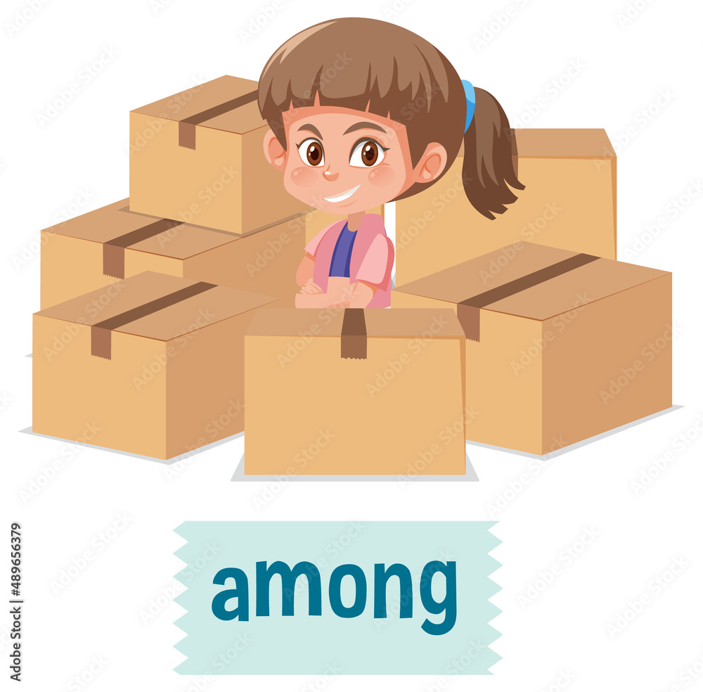 Preposition of place with cartoon girl and a box Preposition of place with cartoon girl and a box