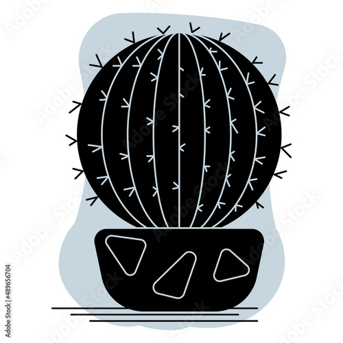 Cactus, succulent in a pot for home and office. A round-shaped cactus with thorns. Vector icon, glyph, silhouette, abstract gray background, isolated