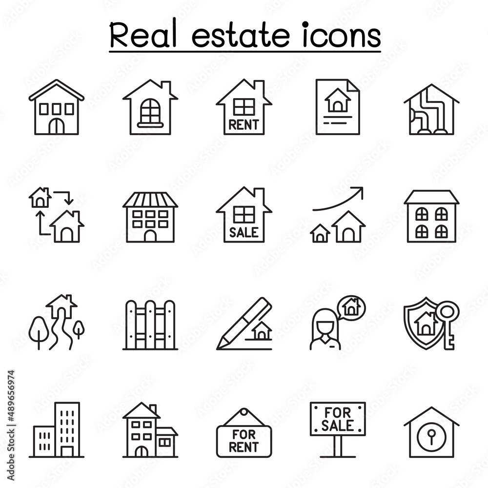 Real estate icons set in thin line style