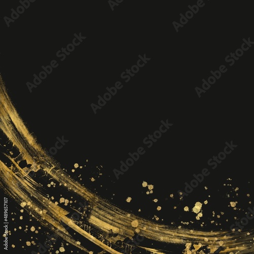 黒背景に金色のブラシストロークの曲線 抽象的 ダーク 和風 筆 正方形バナー しぶき 夜 東洋